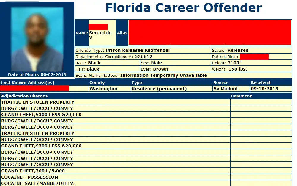 A screenshot of a sample Florida Career Offender flier made available by the Florida Department of Law Enforcement (FDLE) showing the offender's mugshot, name, aliases, adjudication charges, last known address, offender type, personal information, physical characteristics, and more details.