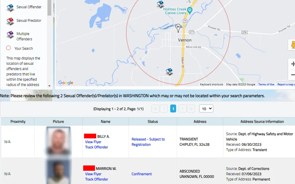 A screenshot of the Florida Sexual Offenders and Predators Search sample results through the tool provided by the Florida Department of Law Enforcement displaying a map view showing the proximity of sexual offenders, illustrated through a blue house, from the point of the address that the searcher entered in the search criteria; there is a table below the map showing more information about these offenders such as their picture, name, status, address, and the address source information.