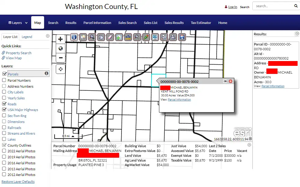 A screenshot of a sample parcel map view results from the search done through the Property Search tool of the Washington County Property Appraiser's Office displaying the map highlighting a specific address with more information about the property such as the mailing address of the property, owner's name, parcel number, and more information pasted on the right side and below the map.