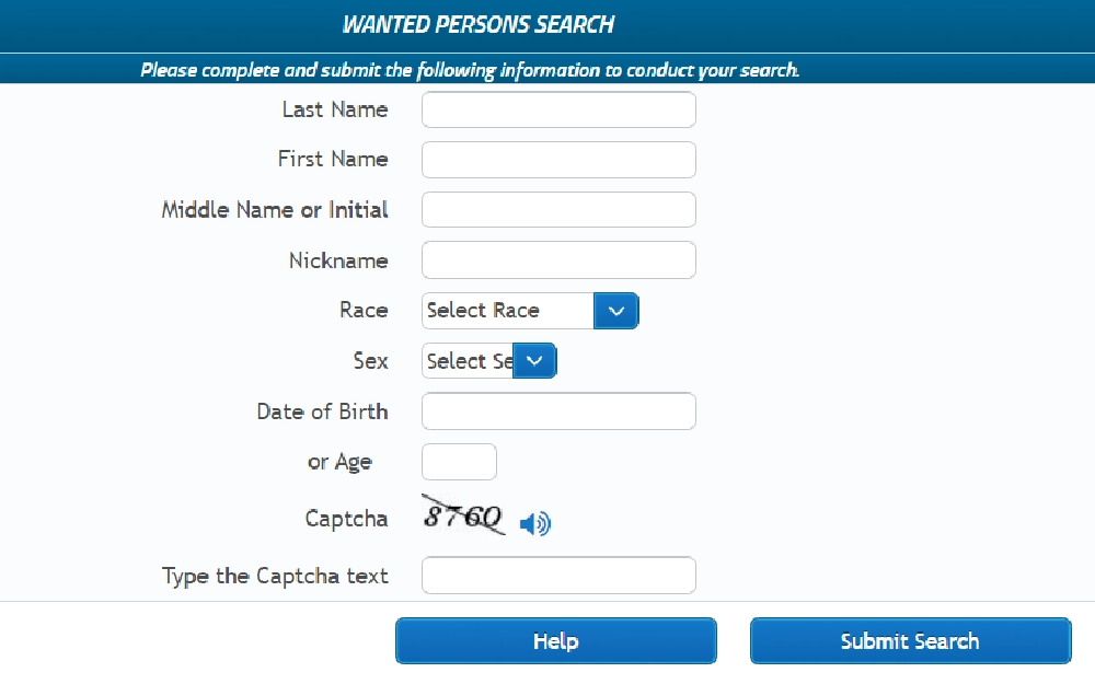 A screenshot of the Wanted Persons Search tool of the Florida Department of Law Enforcement (FDLE), which can be searched by providing the following information: last name, first name, middle name, nickname, race, sex, and DOB or age.
