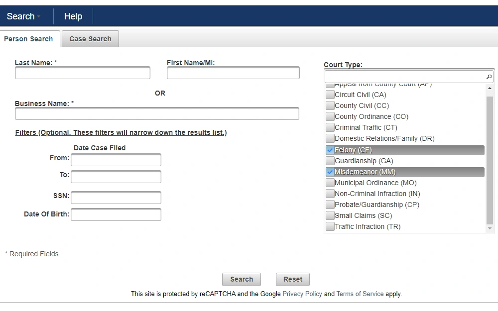 A screenshot of the Online Court Records Search tool where someone may do either a case search where an individual is required to enter a case number or a person search where the searcher is required to provide the last name or business name and other optional information such as the first name and middle initial, court type, date range, SSN, and date of birth.