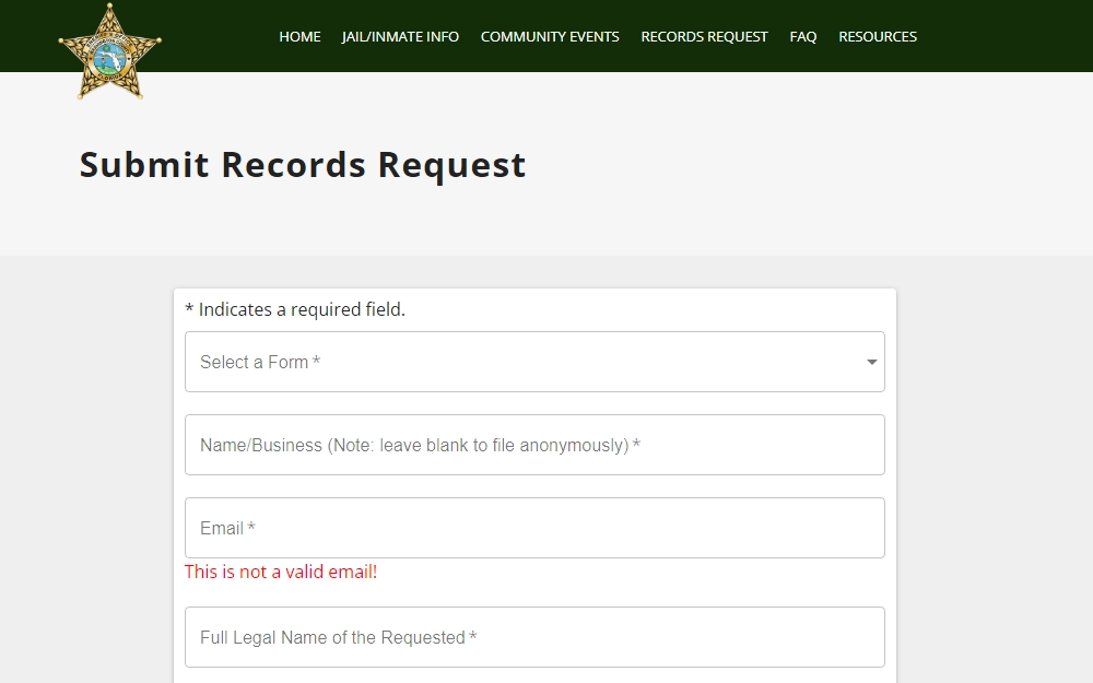 A screenshot of the Washington County Sheriff's Office's Records Request form where anyone may file a request for a police report or other type of public records by providing the following information: form type, name or business name, email address, full name of the person being requested, and more.