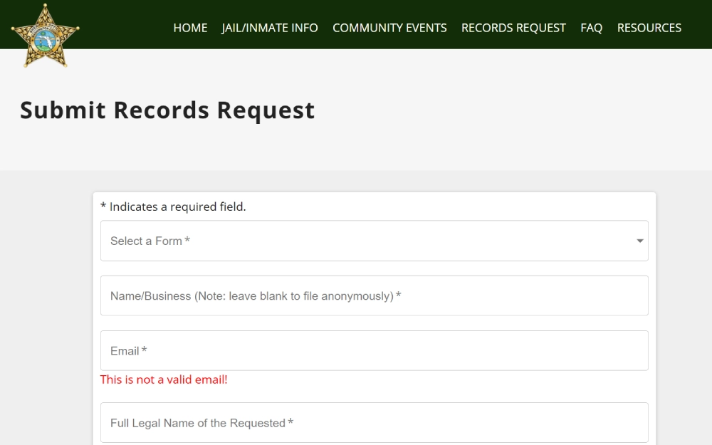 A screenshot of the Washington County Sheriff's Office's Records Request form where anyone may file a request for a police report or other type of public records by providing the following information: form type, name or business name, email address, full name of the person being requested, and more.